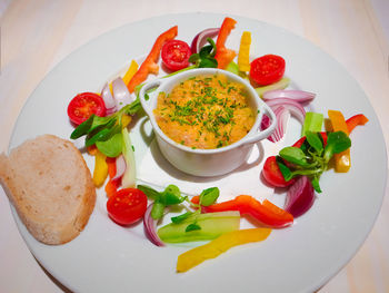 High angle view of food served in plate