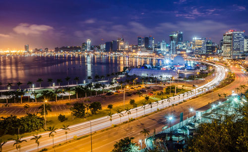 High angle view of illuminated city at night