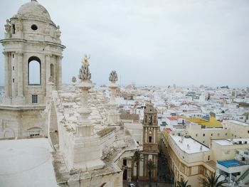 Aerial view of buildings in city against sky