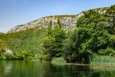 Scenic view of river by mountains against clear sky