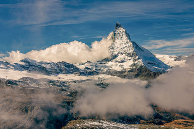 Aerial view of snowcapped mountains against sky