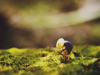 Tilt-shift image of farmer working on field