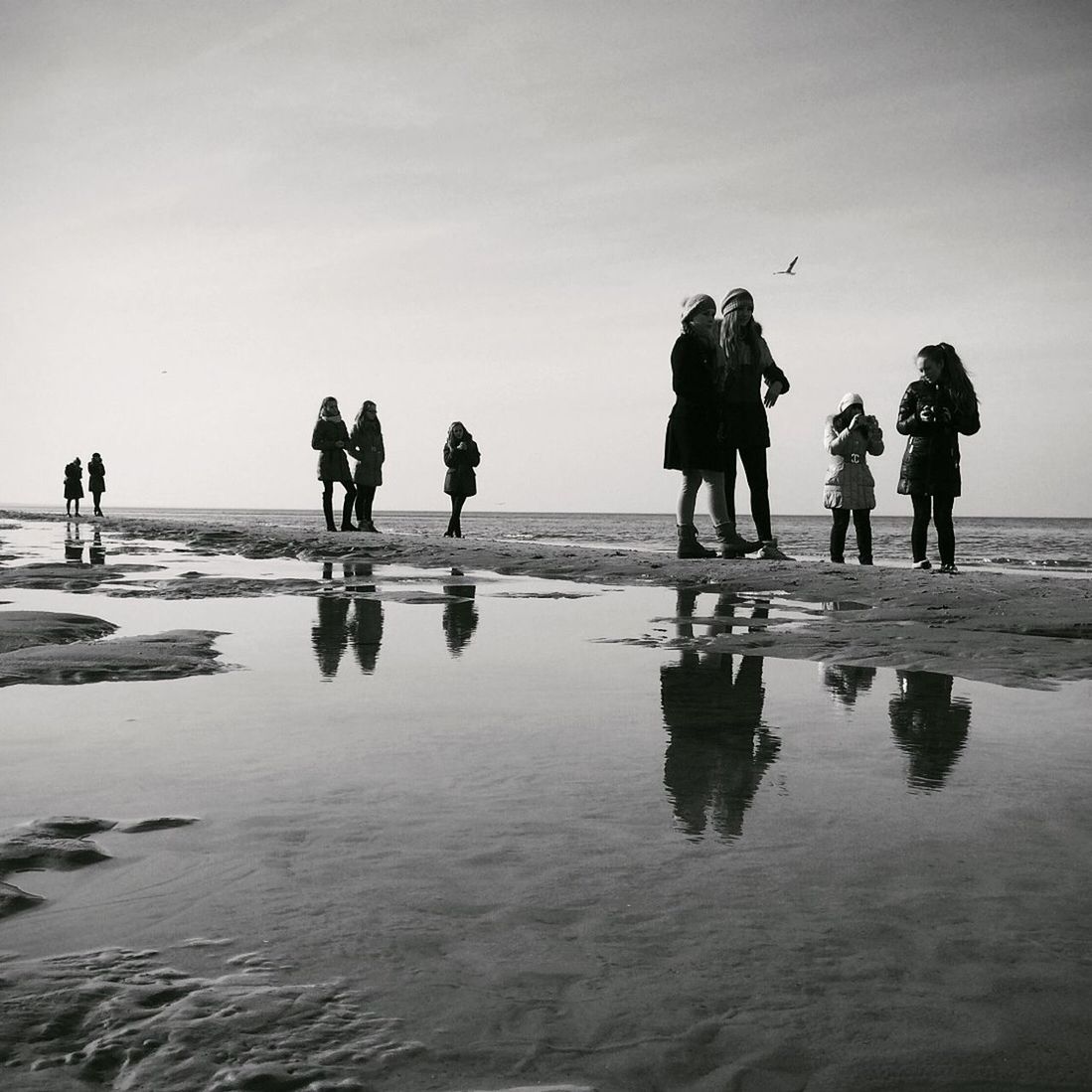 water, sea, men, beach, lifestyles, leisure activity, person, walking, shore, large group of people, sky, horizon over water, medium group of people, silhouette, standing, vacations, togetherness, reflection, mixed age range