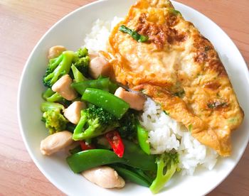 High angle view of meal served on table