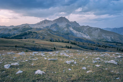 Scenic view of field and mountains against sky