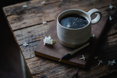 High angle view of coffee on table