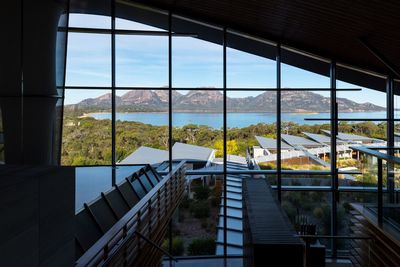 High angle view of river seen through window