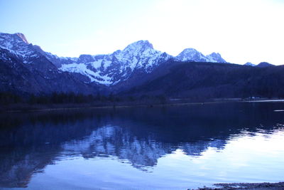 Scenic view of lake and snowcapped mountains against sky