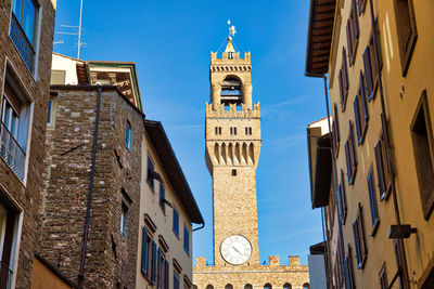 Low angle view of clock tower amidst buildings in city