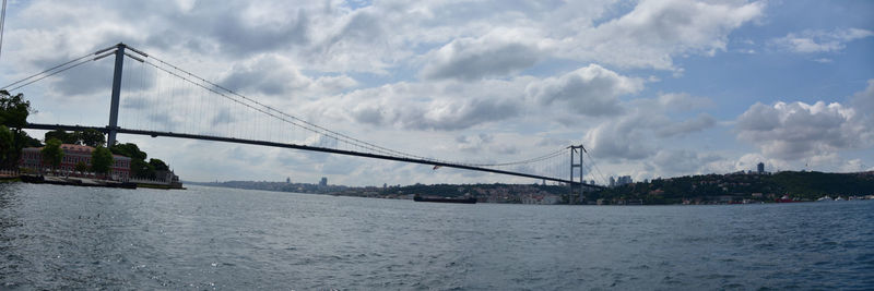 Panoramic view of suspension bridge over sea against sky