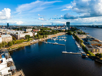 High angle view of boats in river