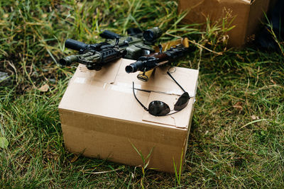 High angle view of camera on field