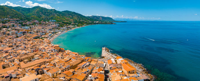 Aerial scenic view of the cefalu, medieval village of sicily island