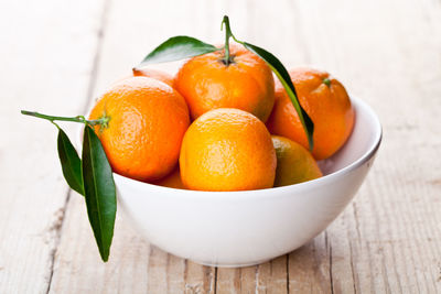 Close-up of oranges in bowl on table