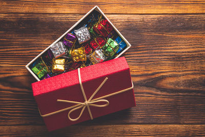 High angle view of christmas decorations on table