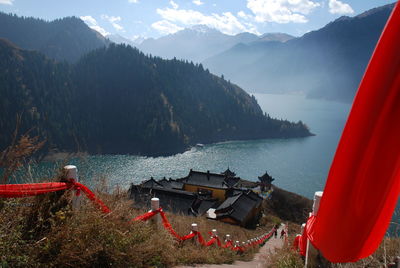 High angle view of heaven lake against mountains