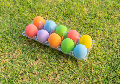 High angle view of easter eggs on grassy field