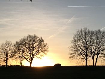 Silhouette bare trees on field against sky at sunset