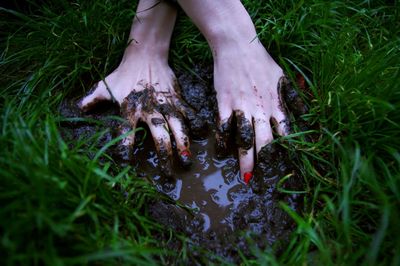 Cropped image of hand touching wet mud on field