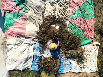 High angle view of multi colored hanging on wall