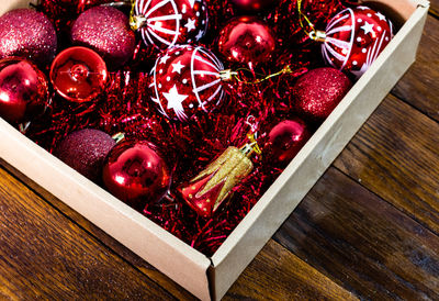 High angle view of strawberries in box