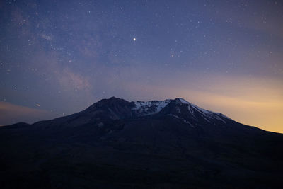 Scenic view of snowcapped mountains against sky at night