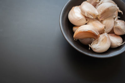 High angle view of eggs in bowl on table