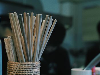 Close-up of wicker basket on table