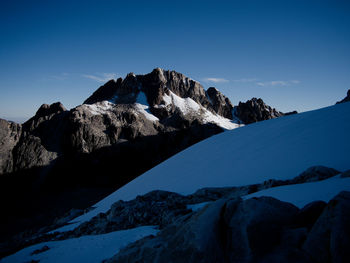 Scenic view of snowcapped mountains against clear blue sky