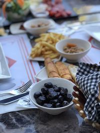 High angle view of breakfast served on table