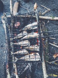 High angle view of meat on barbecue grill