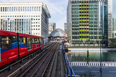 Dlr train passing through canary wharf with modern skyscrapers