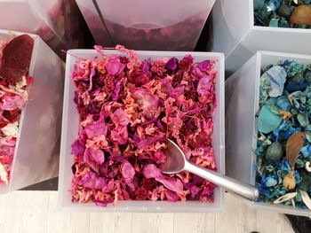 High angle view of pink flowers on table