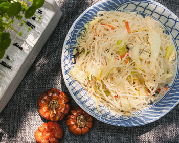 High angle view of flied rice noodles in bowl