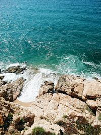 High angle view of rocks on beach