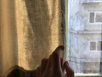 Close-up of hand touching window at home