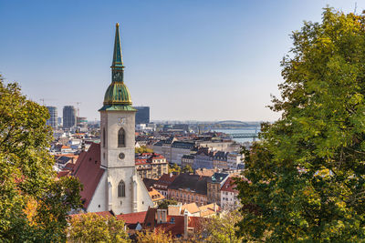 View of townscape against clear sky