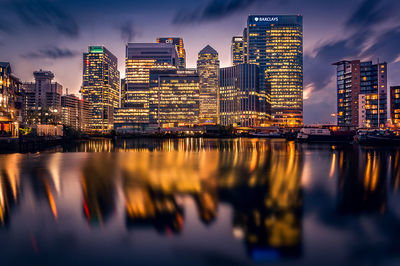 Reflection of city in water at night