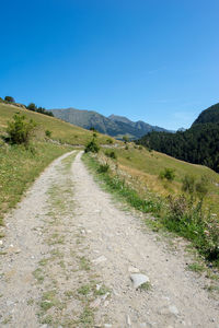 Road amidst green landscape against clear blue sky