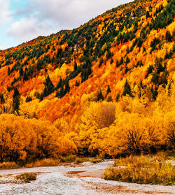 Scenic view of mountains against sky during autumn