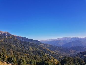 Scenic view of mountains against clear blue sky