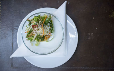 High angle view of meal served on table