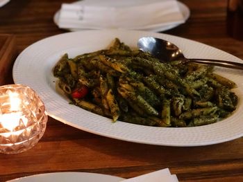 High angle view of food in plate on table