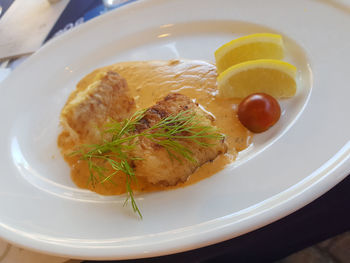 High angle view of breakfast served in plate