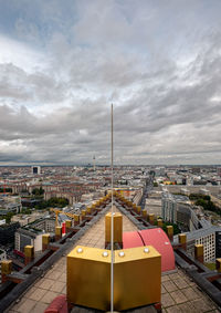 High angle view of modern buildings in city against sky