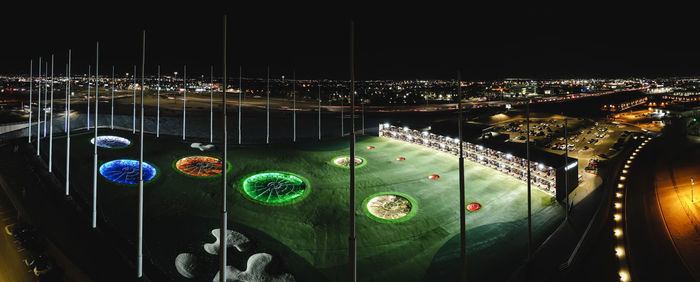 High angle view of illuminated city at night