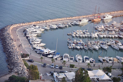 High angle view of harbor by sea