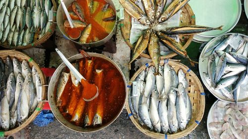 Directly above shot of seafood for sale at market stall