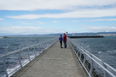 Rear view of men by sea against sky