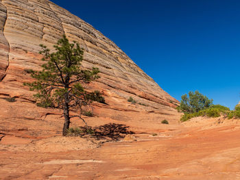 Scenic view of desert against clear blue sky